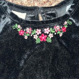 Black velvet dress with embroidered flowers on front neckline, 12m